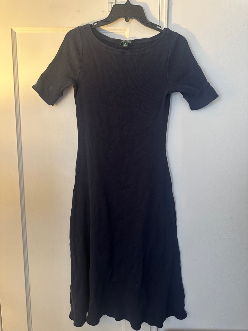 Lauren Ralph Lauren Navy Blue Ribbed Short-Sleeve Midi Dress - Preloved